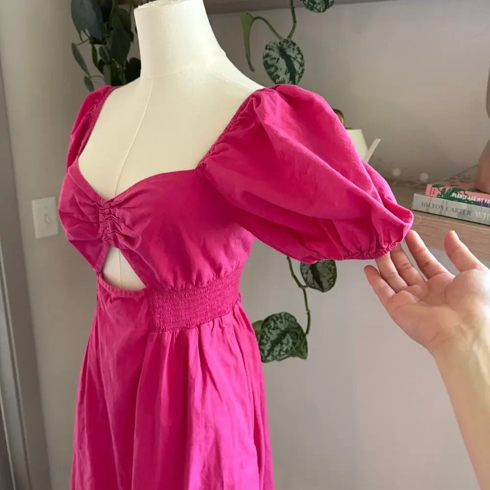 Sachin & Babi Cutout Puff Sleeve Midi Dress Pink Orange Tie Dye Cotton Size 4 - Picture 5 of 10